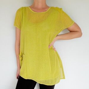 Picadilly chartreuse green knit layered mesh short sleeve pocket top size XL